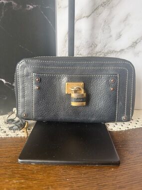 Chloe Black Leather Zip-Around Wallet with Gold Padlock Accent